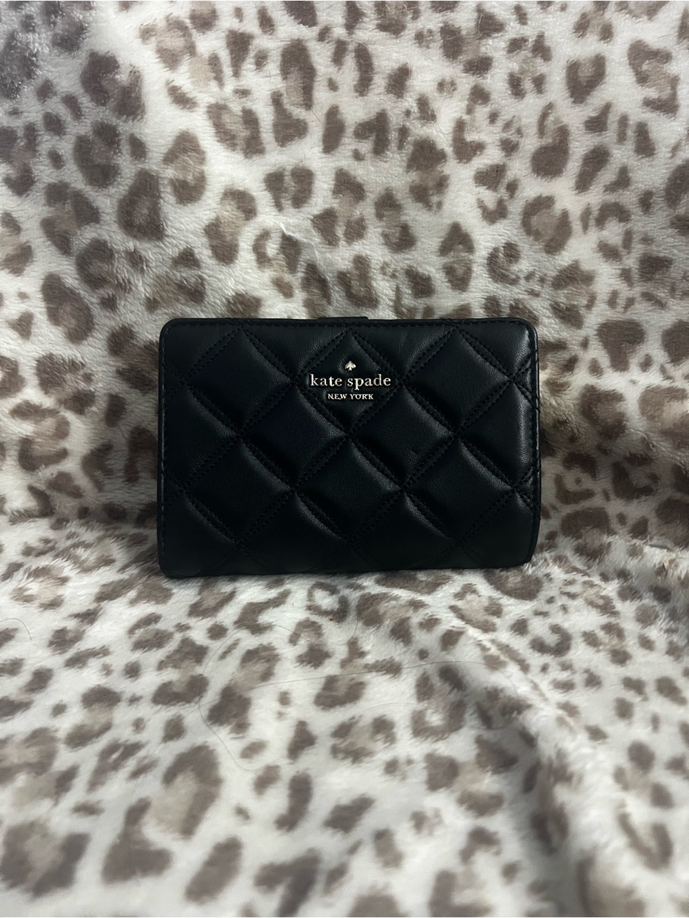 kate spade Black Quilted Leather Compact Wallet with Gold Logo